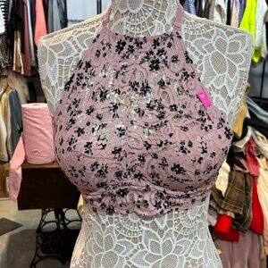 Victoria's Secret Pink Lace Halter Bralette with Black Floral Accents